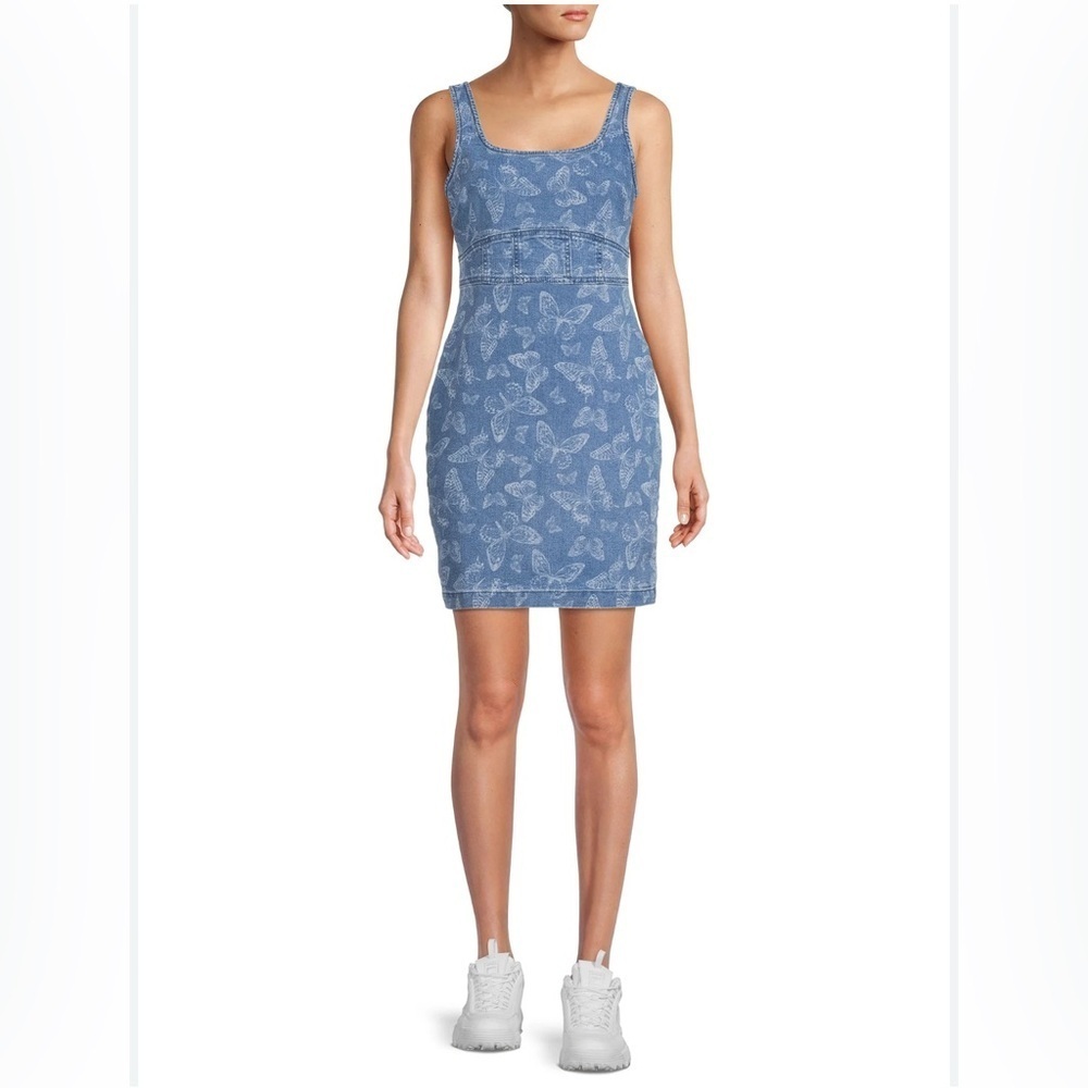 Light Wash Denim with Butterfly Print Corset Mini Dress - Denim Dress